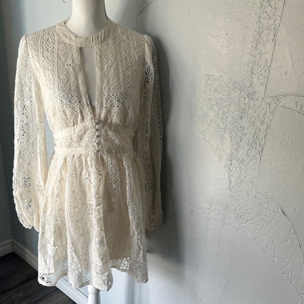 Impressions Cream Long Sleeve Lace Dress